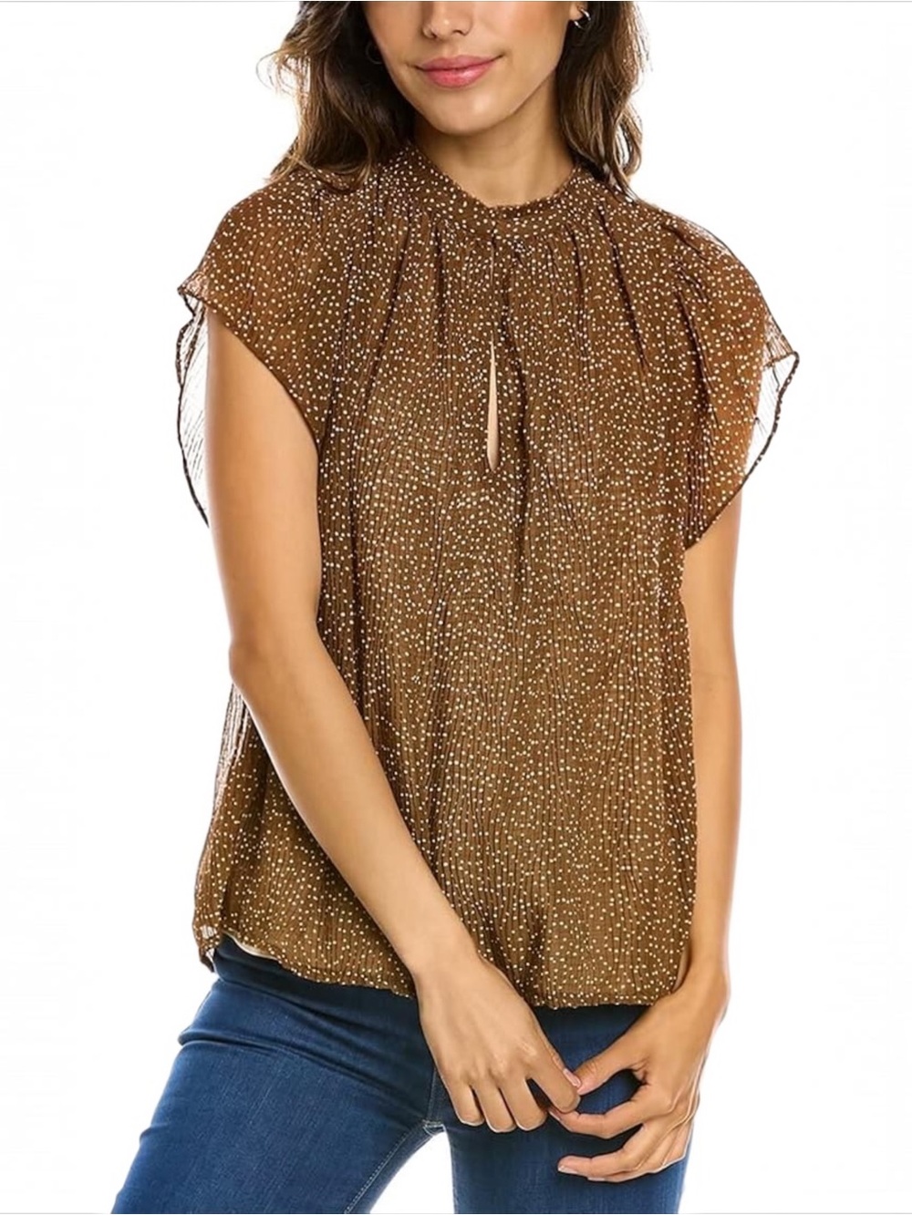 Vince Starry Polka Dot Shirred Neck Blouse Brown M